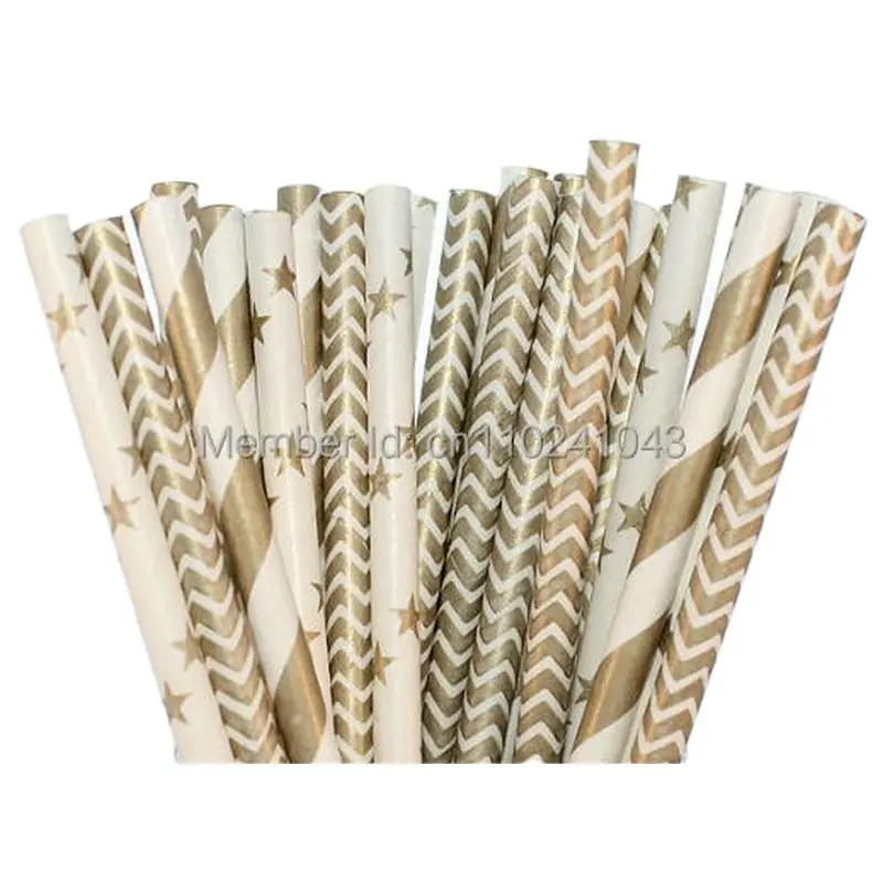 

Hot Sale 300pcs Gold Mix Paper Drinking Straws Mixed 3 Patterns,Party Supplies Paper Drinking Straws Wholesale