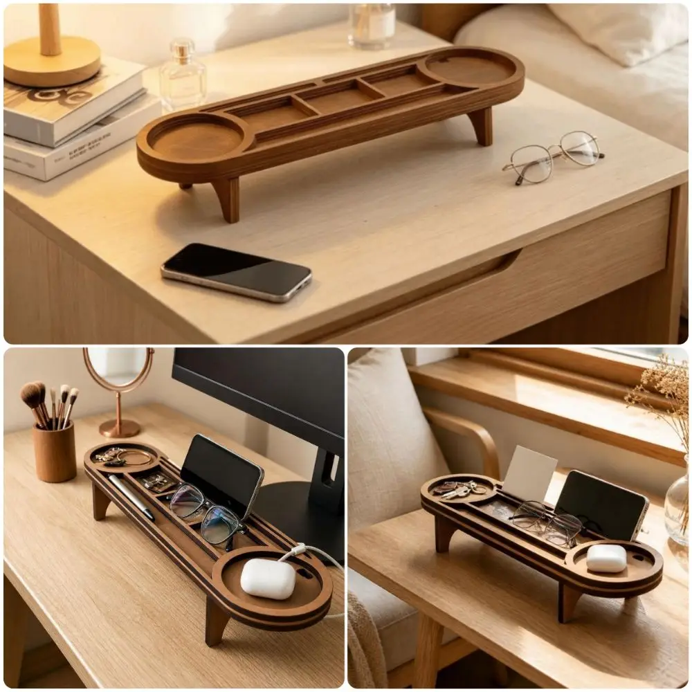 Elegant Brown Wooden Desk Organizer with Phone Stand and Cup Holder