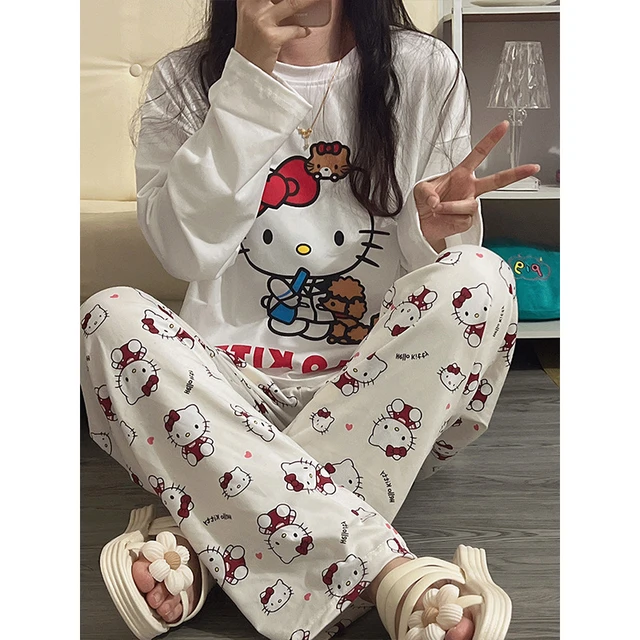 Hello Kitty-Pyjama à manches longues pour femme, pantalon de dessin animé,  chemise de nuit, vêtements de maison à col rond, mode Kawaii Sanurgente Kt,  printemps et automne - AliExpress