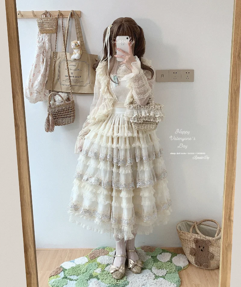 Lolita Skirt Women Elegant Lace Embroidery Tiered Skirts