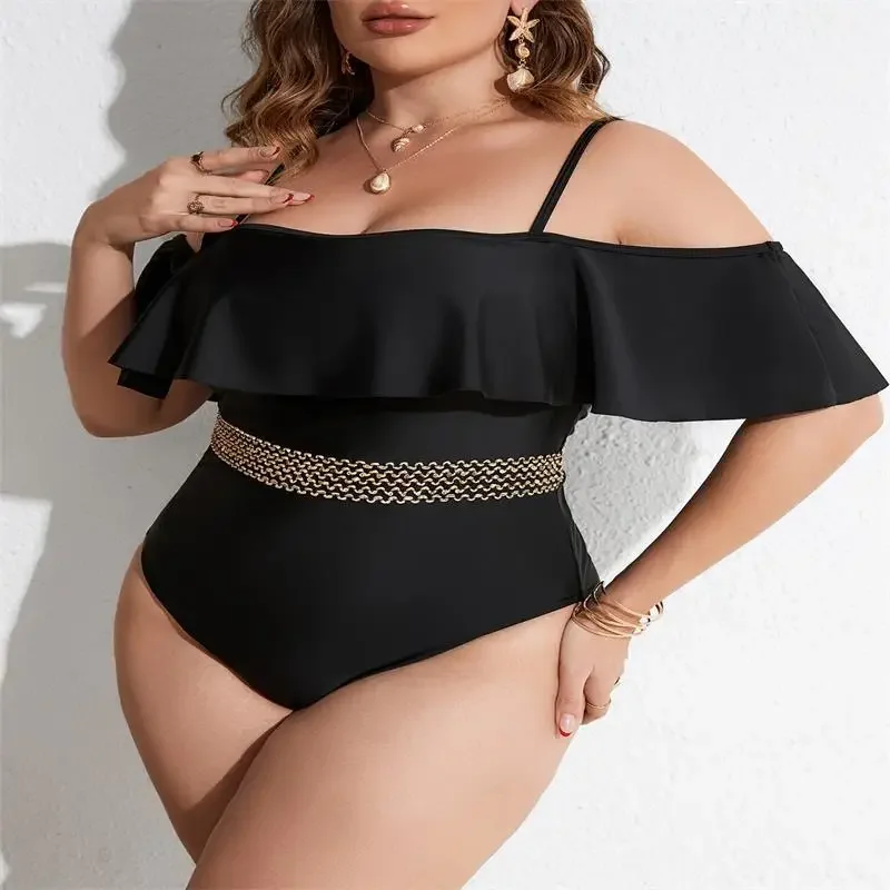 

2024 New Women's Fashion Sexy One-piece European and American Swimsuit Solid Color Suspension with Ruffle Plus Size Swimsuit