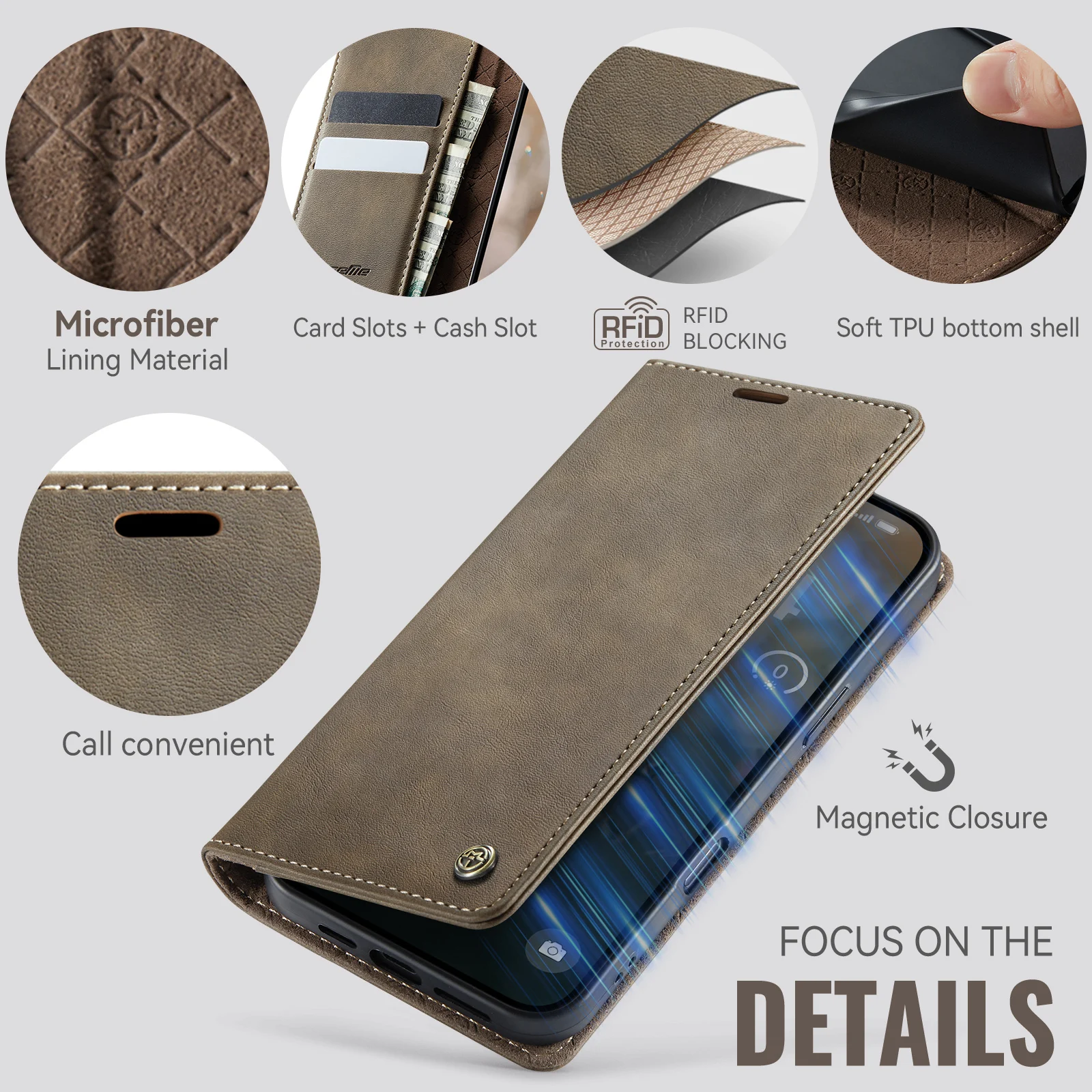 Magnetic Wallet Case Flip PU Leather with Card Slot and Money Pocket