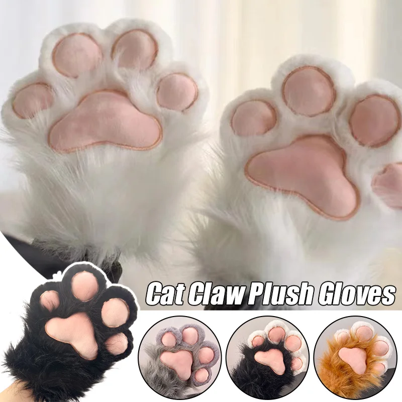 Plush Furry Cat Claw Gloves-Faux Fur Fox Paws Mittens for Halloween Cosplay Costume-Adorable Animal Accessories