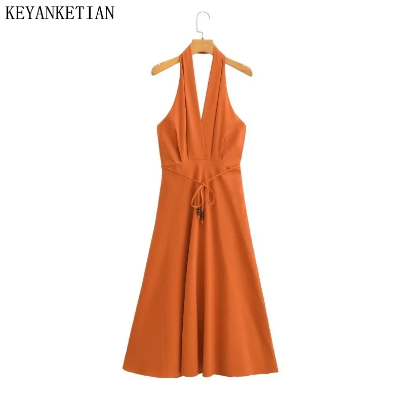 

KEHANKETIAN Linen Hanging Neck Halter Back Dress Women Holiday Chic Beaded Trim Sleeveless Ankle-Length Midi Skirt Orange