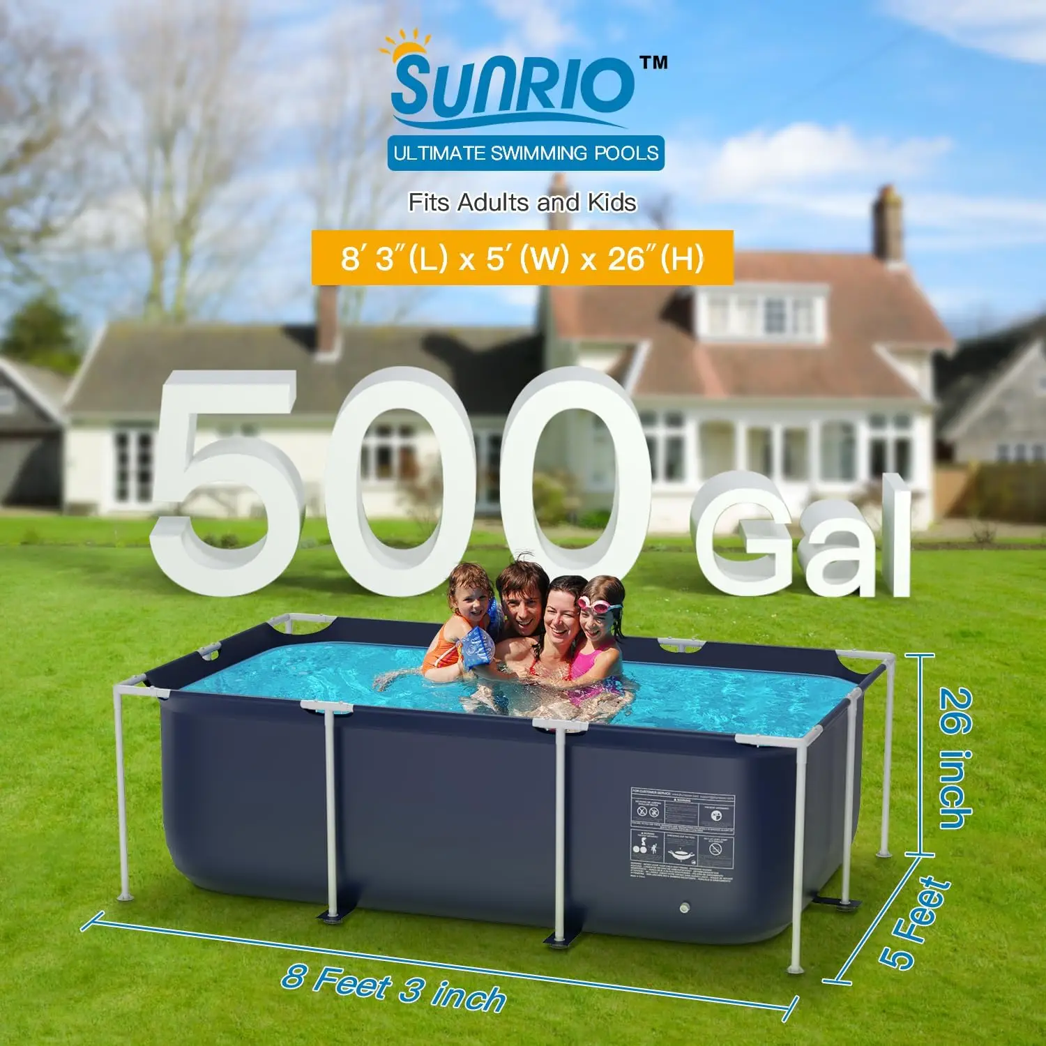 Metal Pro 8'3" X 5'X26" Rectangle Pool Durable Steel Frame Above Ground Pool for Outdoor Backyard Swimming Suitable Friends