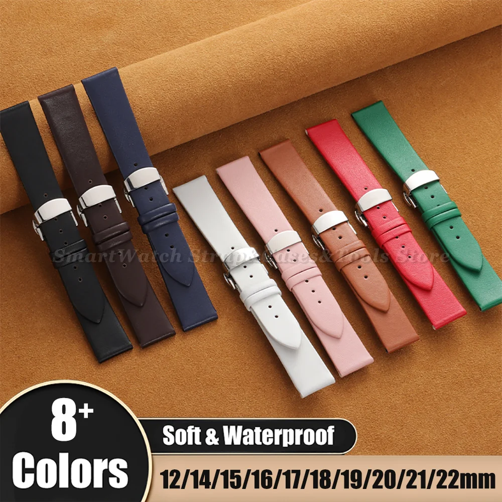 Premium Ultra-Thin Genuine Leather Watch Strap with Soft Cowhide Band and Butterfly Clasp