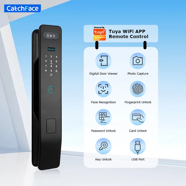 Facial Recognition Automatic Door Lock TUYA Front Door Fingerprint Smart Lock Digit Camera Visible Inner Screen 3