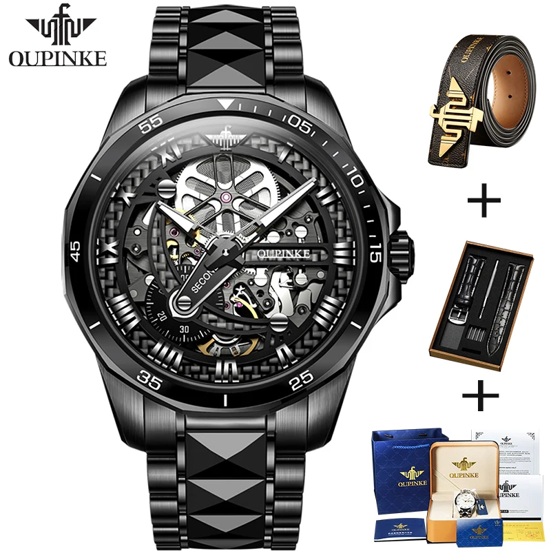 

OUPINKE Top Brand Luxury Men Automatic Mechanical Watch Skeleton Tungsten Steel Waterproof Sapphire Glass Fashion Wrist Watches