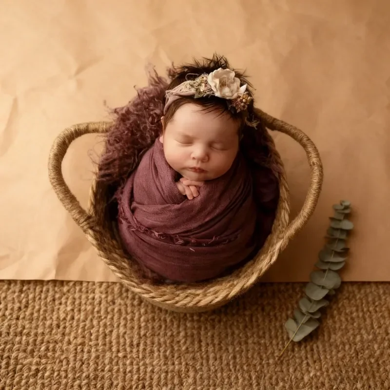 Newborn Photography Props 1pc Rattan Woven Posing Nest Basket Baby Changing Basket with Handles Practical Basin Frame Container