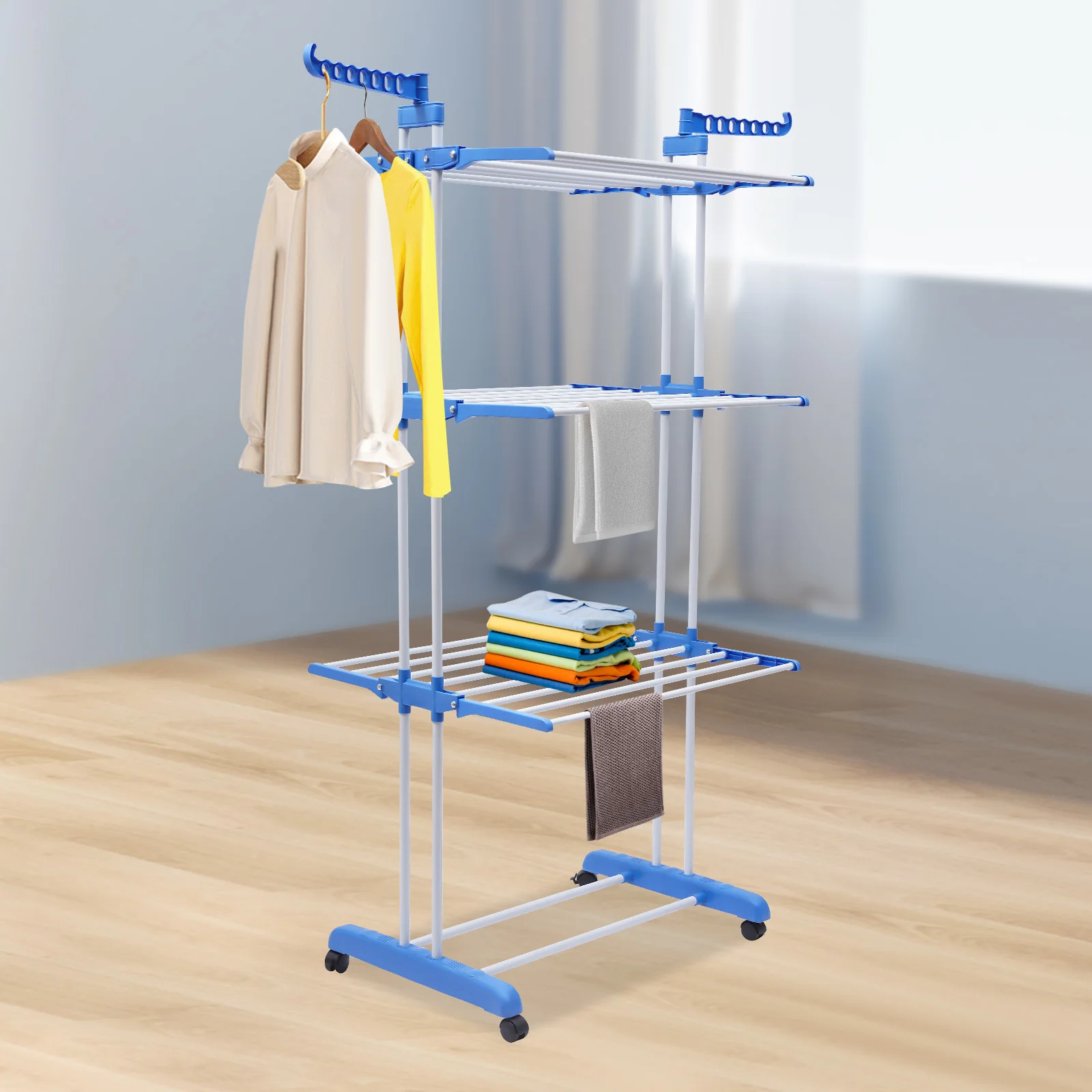 Modern 4 Tiers Metal Clothes Drying Rack Rectangular Folding Rolling Dryer Hanger Free Stand Laundry Organizer Gray/Blue 2