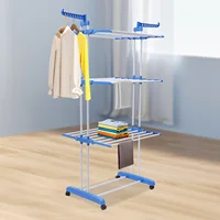 Modern 4 Tiers Metal Clothes Drying Rack Rectangular Folding Rolling Dryer Hanger Free Stand Laundry Organizer Gray/Blue 2