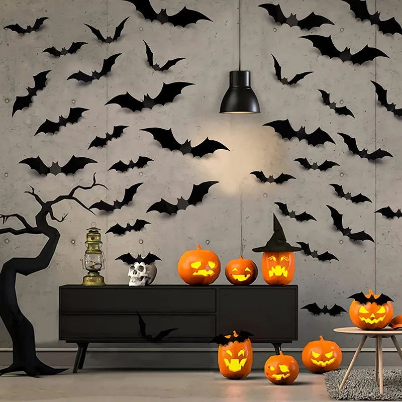 12/48/96pcs Halloween Decoration 3D Black PVC Bat Halloween Party ...