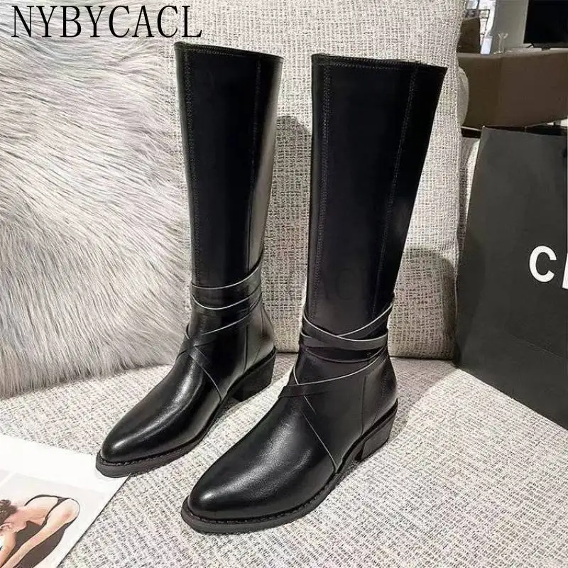 2023 Women Knee High Boots Cool Fashion Concise Genuine Leather Thick Heels Shoes Woman Autumn Winter Casual Long Boots New