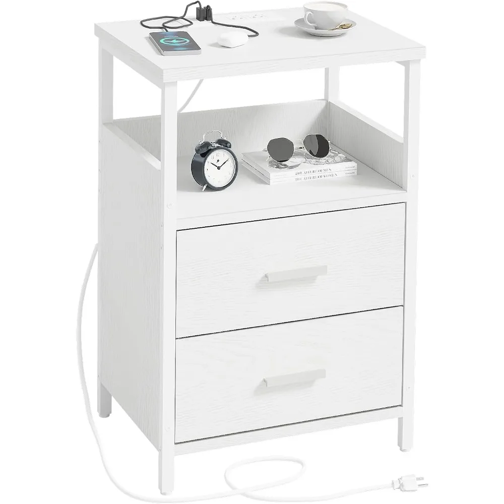 

Nightstand with Charging Station, End Table Fabric-Wood 2-in-1 Drawer, Side for Small Spaces, White Bedside Tables USB Ports