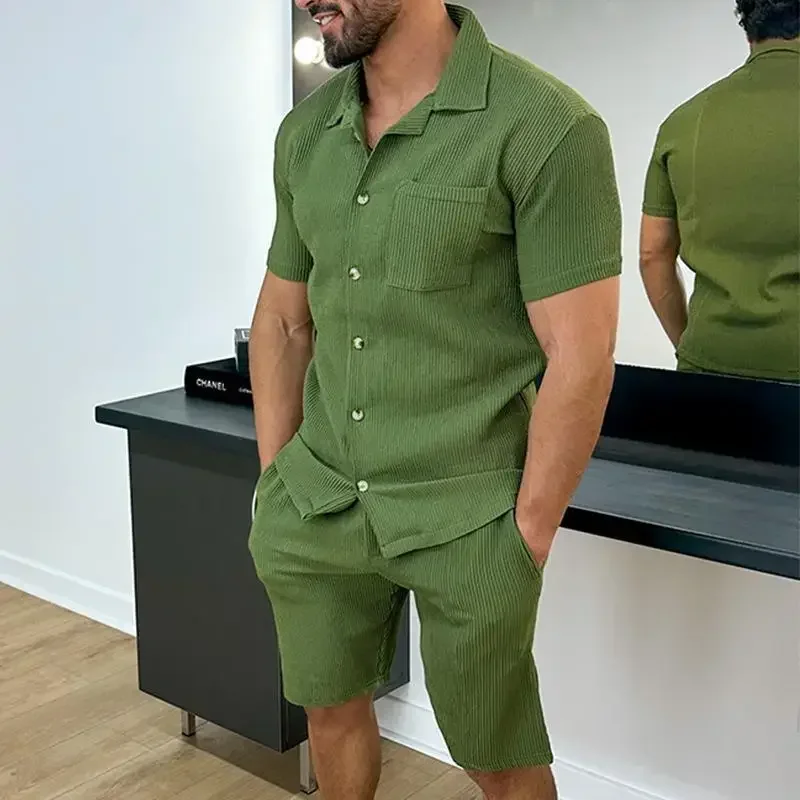 2024 Summer Turn-down Collar Casual Loose Men's Sets Solid Soft Single Breasted Button Shirts Shorts Suit Mens Two-piece Suits 2