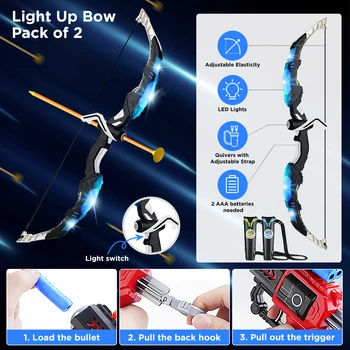 VATOS 2X Bow Arrow + Guns Toy For Kids LED Light Up Archery with Suction Cup Stand Target Dart Board Indoor Outdoor Game Toys 3