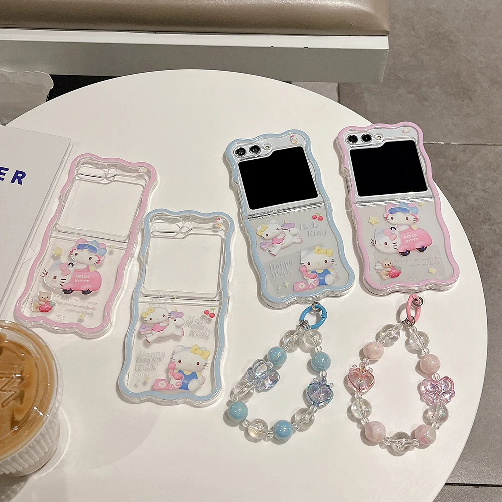 

Kawaii Sanrio Hellos Kitty with Bracelet Phone Case for Samsung Galaxy Flip Z Flip 3 4 Z Flip 5 5G PC Anti-drop Back Cover Funda