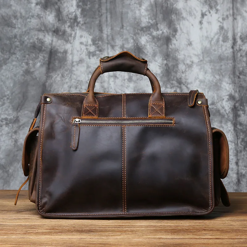 NZPJ Vintage Genuine Leather Men's Briefcase Crazy Horse  Handbag Natural Cowhide Travel Bag Casual Shoulder Crossbody Bag