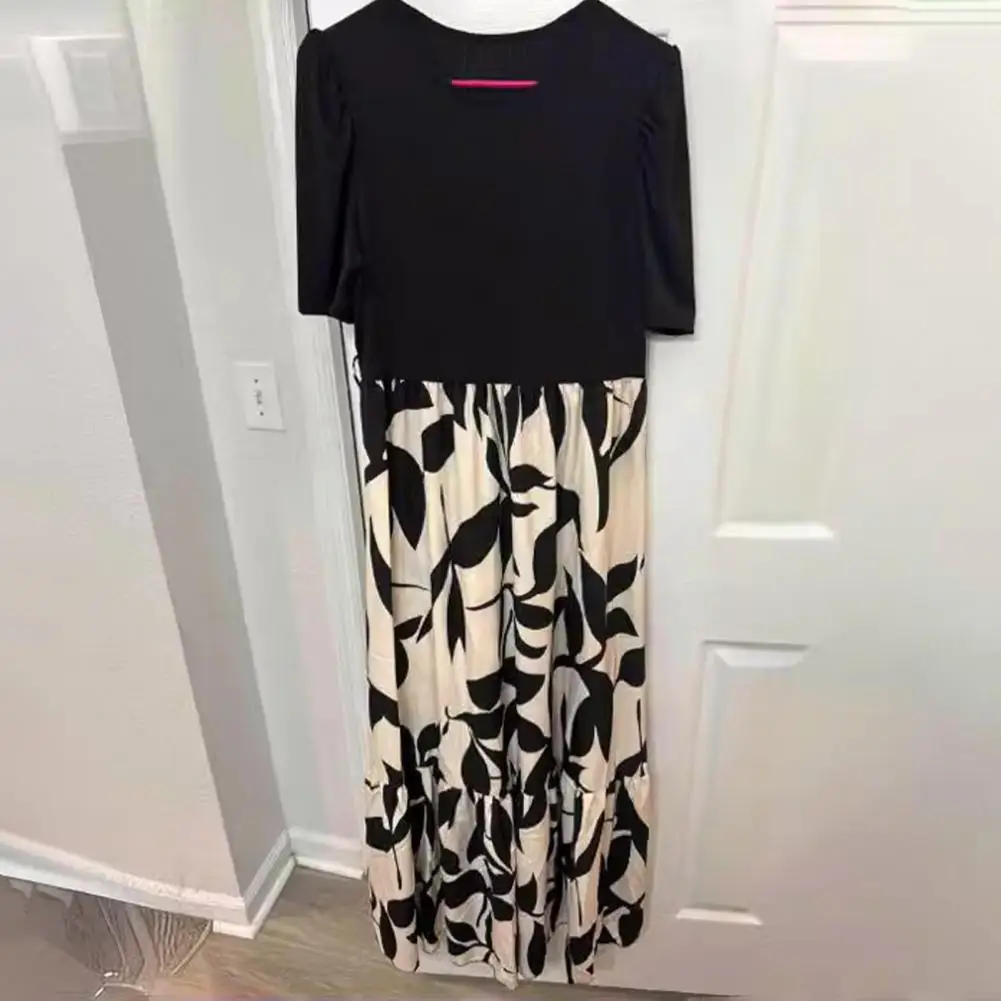 

Casual Summer Dress Elegant Summer Maxi Dress with Lace-up Waist Ruffle Hem Women's A-line Color Matching Print for Parties