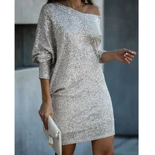 

Chicme Elegant Women Batwing Sleeve Straight Allover Sequins Dress Long Sleeve O-Neck Oversized Evening Party Silver Mini Dress