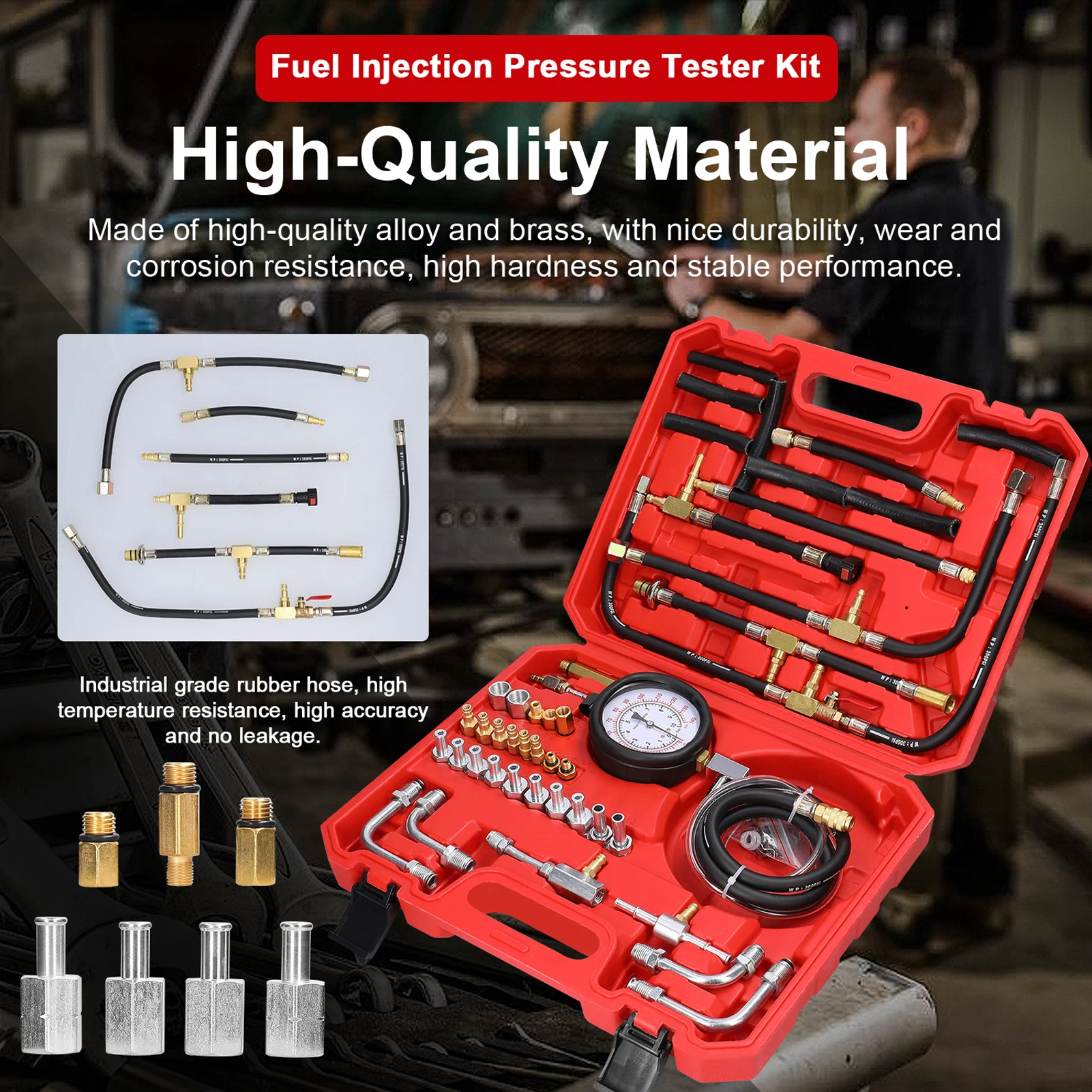 Fuel Injector Pressure Tester Gauge Kit Gasoline Fuel Oil Injection Test Tool Set 0-140PSI/0-10Bar