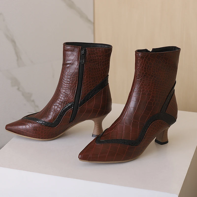 Kcenid Big Size 48 PU Patchwork Pointed Toe Med Heels Shoes Chic Design Concise Autumn Winter Shoes Dress Warm Ankle Boots