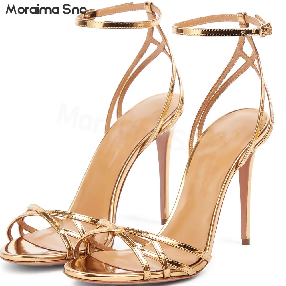 

Gold Cross Thin Strap Open Toe Sandals Summer New Round Toe Stiletto Hollow High Heel Sandals Ankle Buckle Fashion Women's Shoes