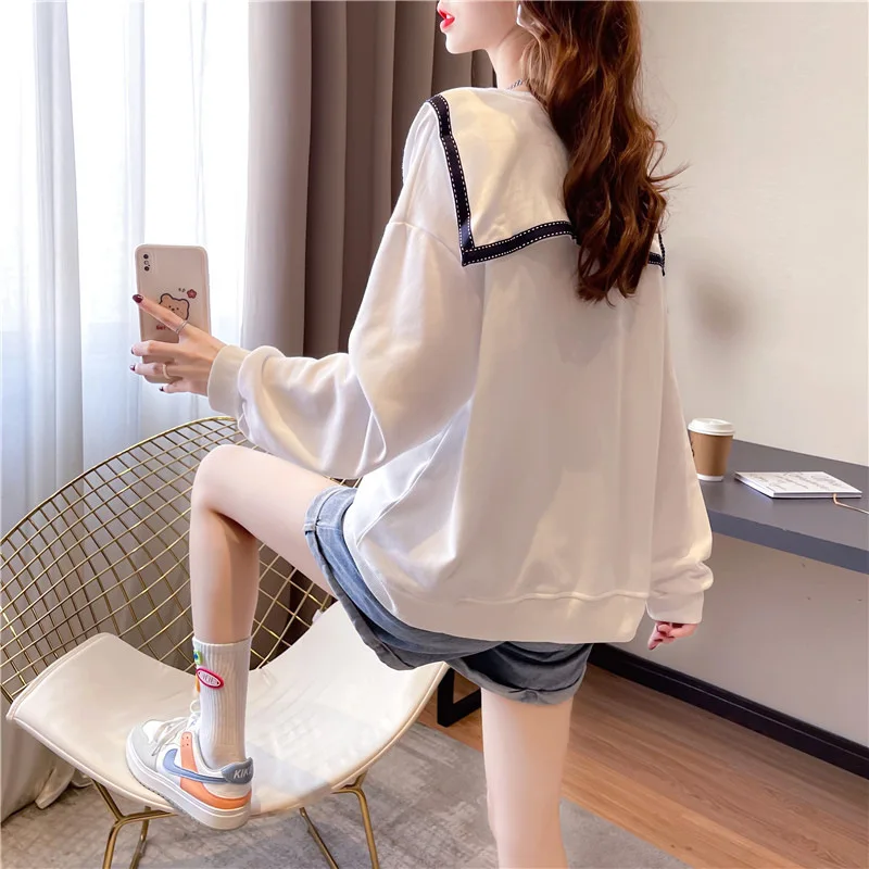 Korean Style Clothing Oversize O-Neck Casual Navy Style Doll Neck Fake Two Piece Thin Cotton Pullover Spring Fall Harajuku Tops