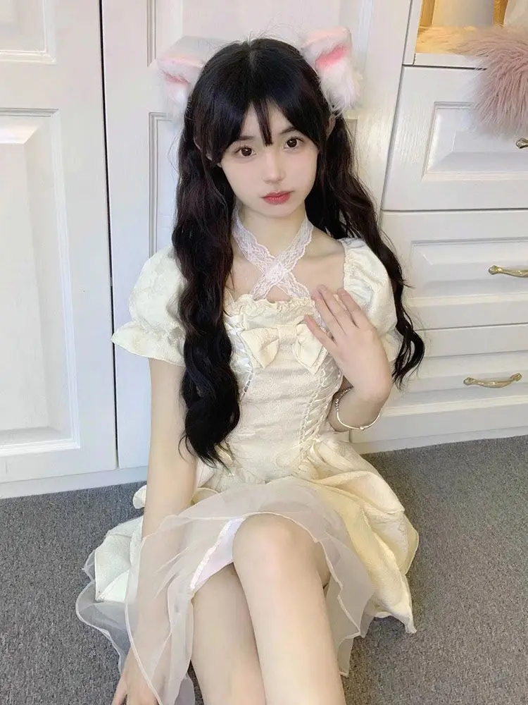 

Beautiful Dress French Tea Break Puff Sleeve Bow Gentle Elegant Sweet Puffy Princess Skirt