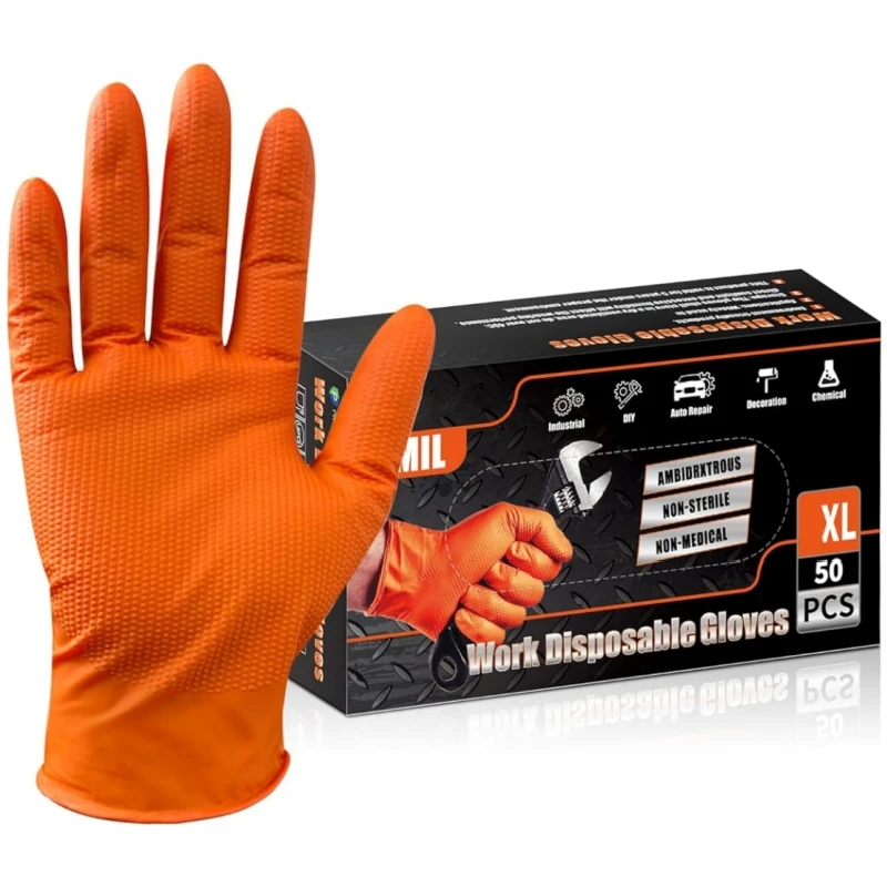Work Gloves 8Mil Heavy Duty Orange Nitrile Disposable Gloves Diamond Texture Grip for Mechanic Industrial Cleaning