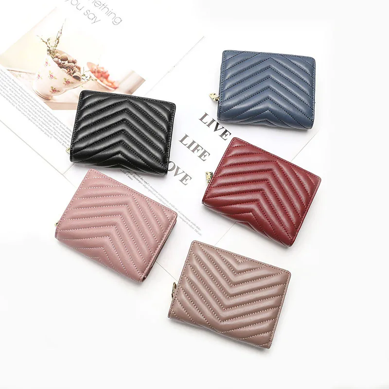Luxury Multifunction Women Sheepskin Genuine Leather Wallet Fashion Stripe Card Holder Zipper Female High Quality Coin Purse