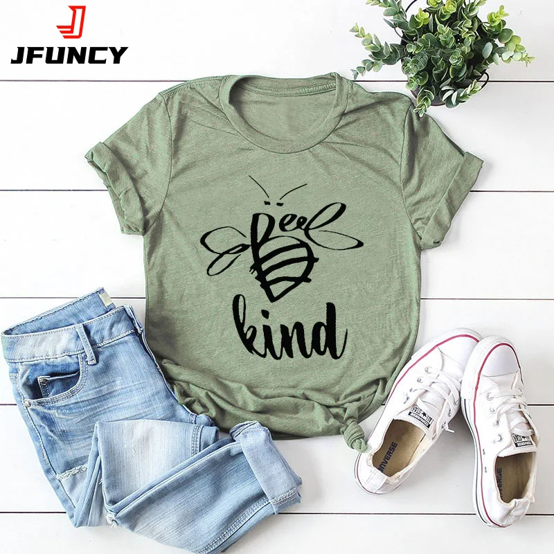 

JFUNCY Summer T-shirt Women Cotton T Shirts Bee Happy Printed Tshirt Short Sleeve Loose Mom Tops Female Tee Shirt