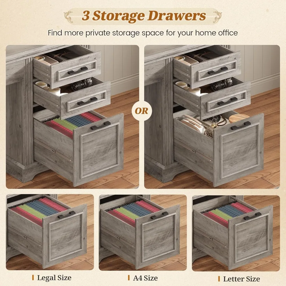 Office Desk with 3 Drawers, 47.2" Executive Computer Desk with Storage Drawers and Hutch Cabinet, Offices Desks 4