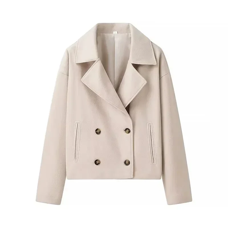 Loose Woolen Blends Coat Women Solid Lapel Double Breasted Pockets Jackets Autumn Winter Fashion Lady Office Outwear New