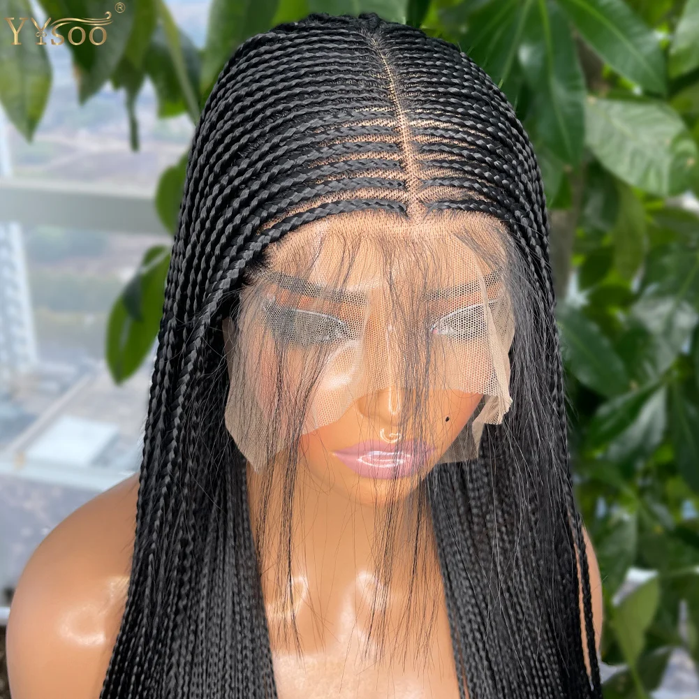 Long Black Color 13x6 Micro Braided Synthetic Lace Front Wigs for Black Women Middle Part Half Hand Tied Box Braided Wig