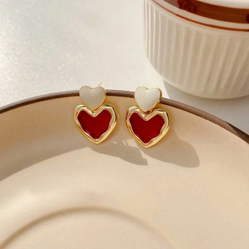 Orecchini A Cuore In Argento 925, Stile Coreano, Donne, Antiossidante, Rosso