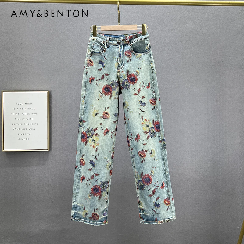 

Chinese Style Narrow Denim Straight-Leg Loose Jeans Women's Spring New 2024 High Waist Slimming Retro Printed Mop Pants Trousers