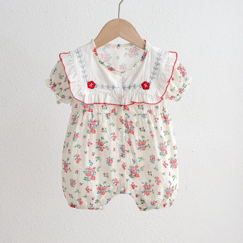 

2024 Newborn Girls Summer Bodysuits Kids Boutique Embroidery Floral Print Rompers Children Princess First Birthday Jumpsuits