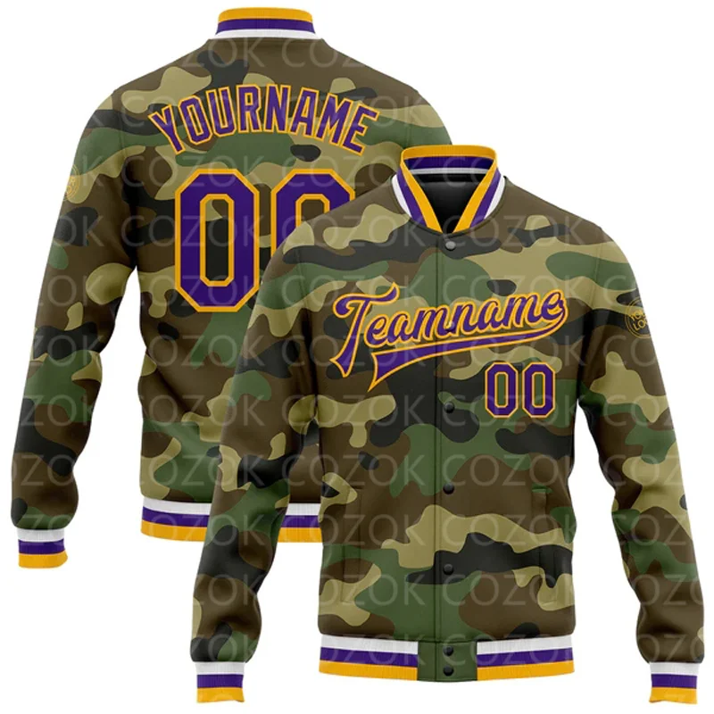Custom Camouflage Yellow Color 3D Printed Baseball Button Jacket Bomber Full-Snap Varsity Letterman Jacket