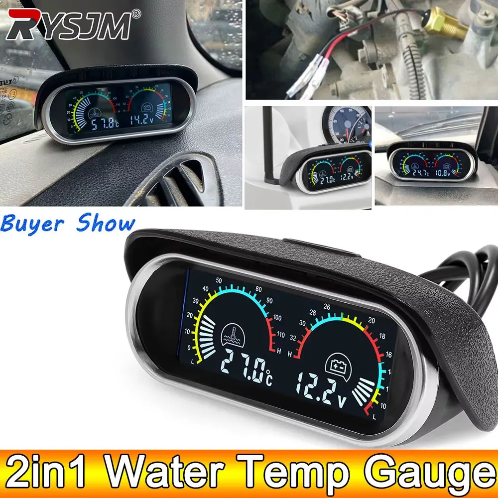 Automobile Gauge AD 2 in 1 LCD Car Water Temp Gauge Water Temperature Sensor 10mm Meter Voltmeter Voltage Digital Horizontal 12v 24v Accessories
