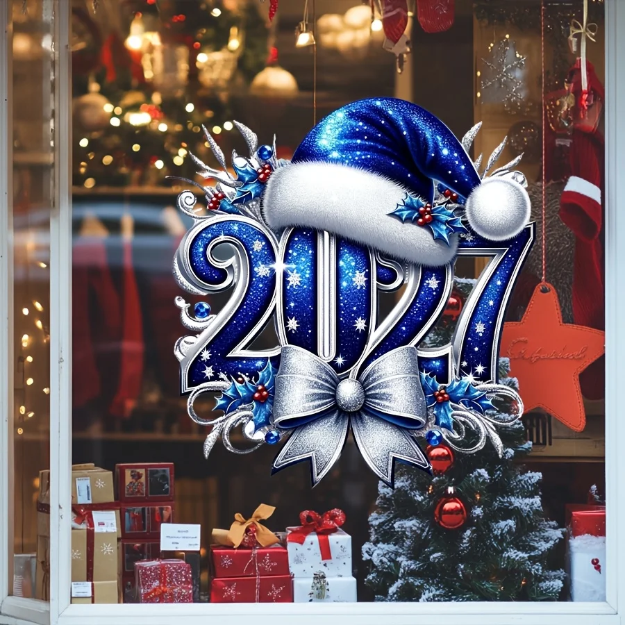 2027 Christmas Window Clings | Blue Santa Hat Glass Decal 1PC 2027 Christmas Window Sticker Blue Santa Hat Bow Decal Removable Self‑Adhesive New Year Glass Window Decor for Home Party 5