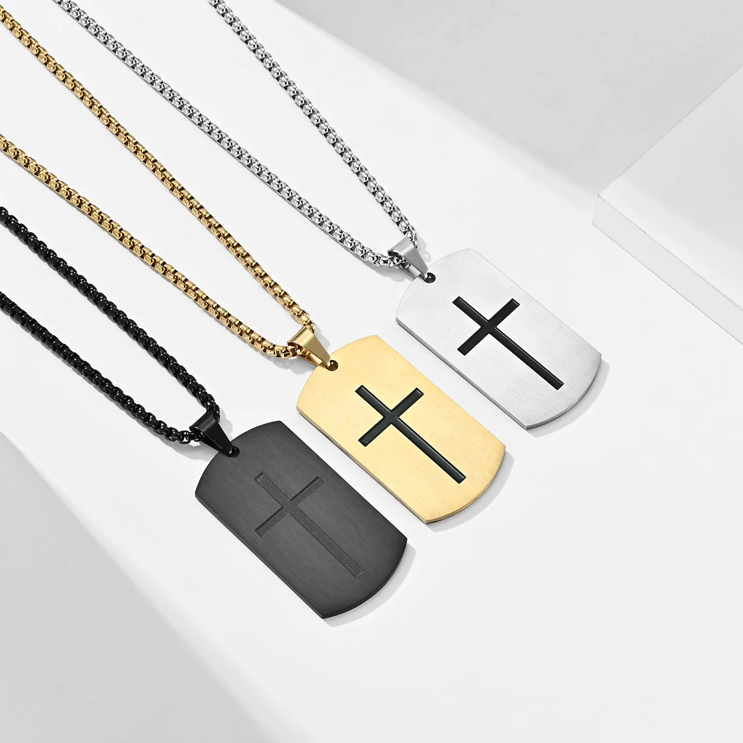 Fashion Jewelry Simple Cross Design Brushed Dog Tag Stainless Steel Necklaces for Men
