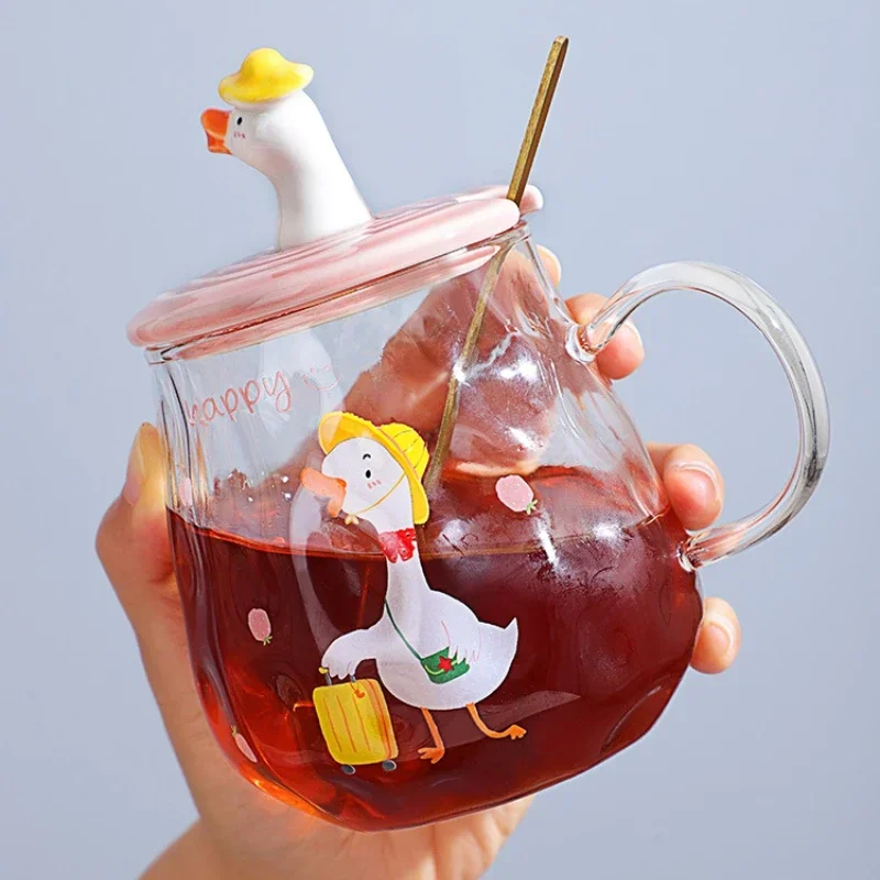 

Exquisite Simple Cartoon Cute Duck Mug Transparent Glass Heat-resistant Tea Cup with Lid Spoon Milk Hot Cold Water Bottle Gifts