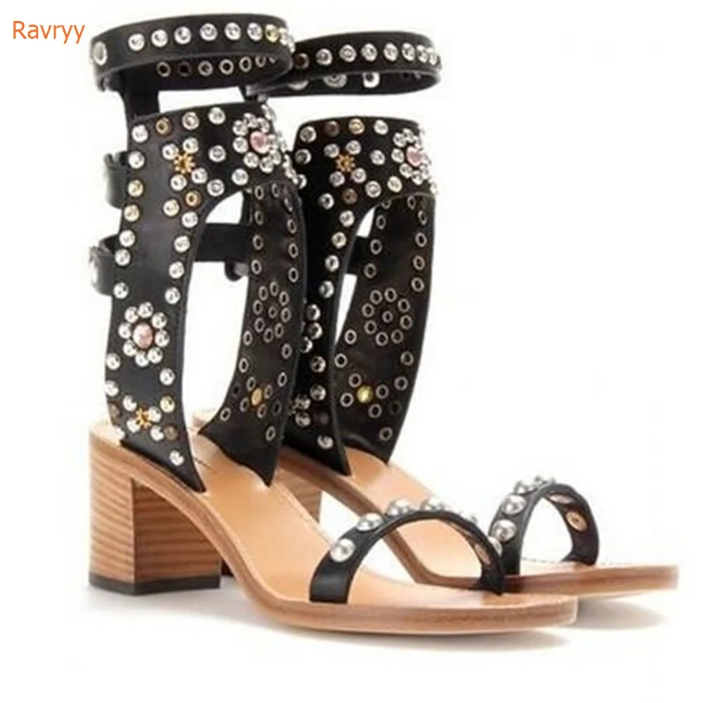 

Rome Style Rivet Sandals Ankle Strap Pearl High Heel GLADIATOR Round Toe Square Heel Shoes Summer Newest Sandals