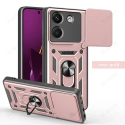 Armor Shockproof Case with Slide Camera Cover and Rotating Ring Stand for POCO M7 Pro 5G (Rose Gold)