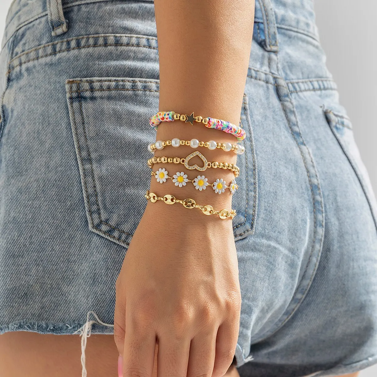 Sf1c82251427543abbd54da868f7a2333W 5Pcs/Set K-pop Sunflower Ball Polymer Clay Chain Bracelets for Women, Trending Rhinestone Love Heart Bangles Couple Jewelry Mallzona