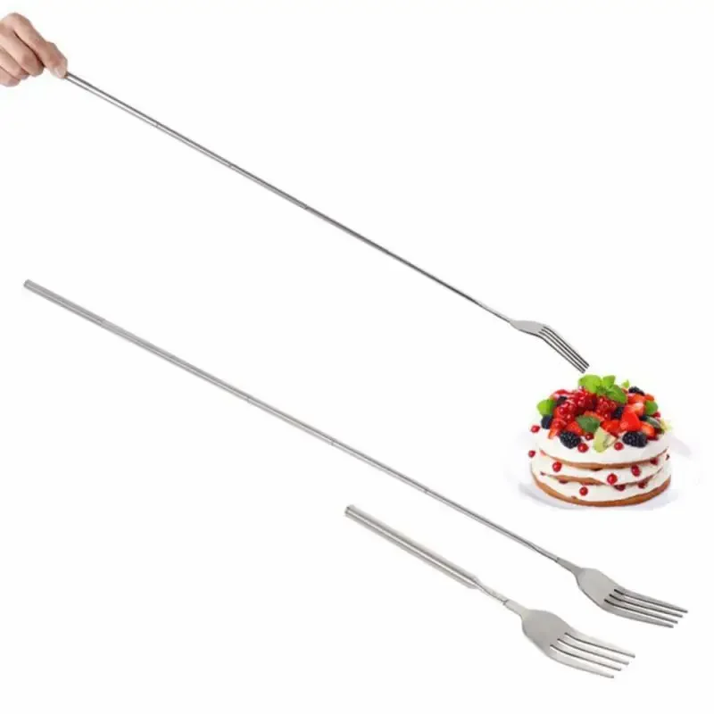 

New Fork BBQ Telescopic Extendable Dinner Fruit Dessert Long Handle Fork Stainless Steel Cutlery Fork Tableware Kitchen Tool