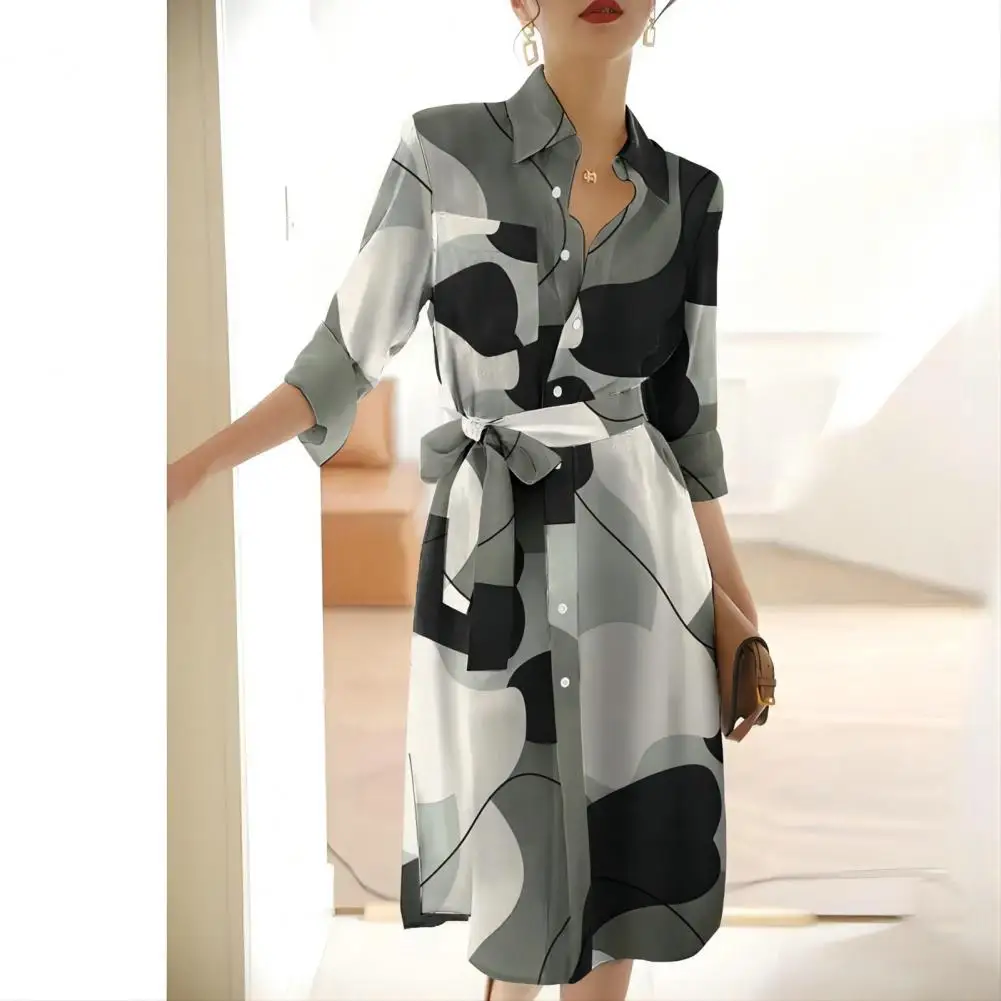 

A-line Dress Colorful Print Long Sleeve Midi Dress With Side Split Tight Waist Lace-up Design For Women's Spring Fall Fashion