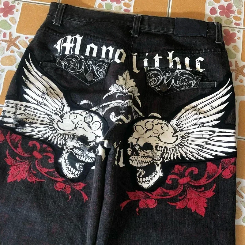 American Summer Denim Shorts High Street Hip-hop Y2K Retro Dark Personality Trend Pattern Print Casual Loose Denim Shorts