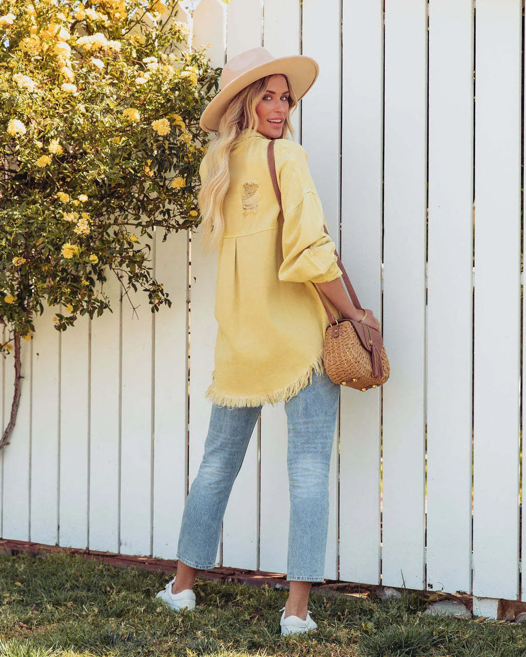 Women Fashion Ripped Denim Jacket Turn Down Collar Long Sleeve Tops Single Breasted Tassels Coat Loose Shirts & Blouses Outwear - view